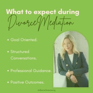 The mediation structure is similar to a business meeting, where each of you will actively participate and offer and discuss proposals about the financial terms of your agreement.